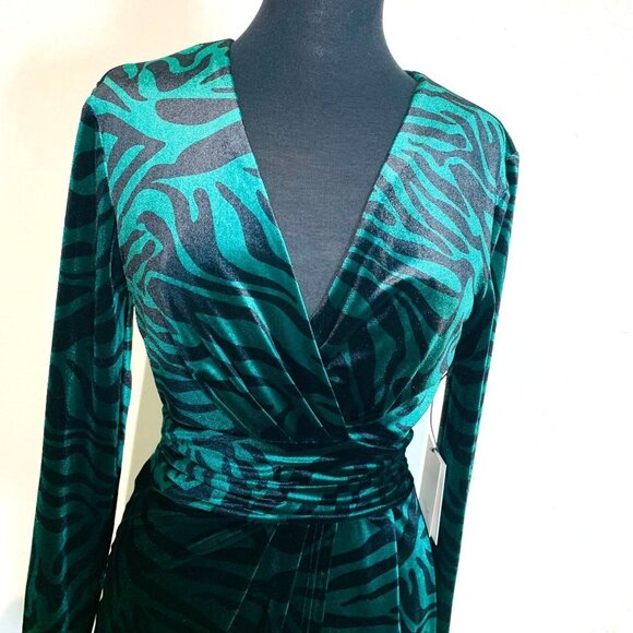 LINI NATALIE Velvet Emerald Zebra Print Faux Wrap Dress S - Picture 5 of 13